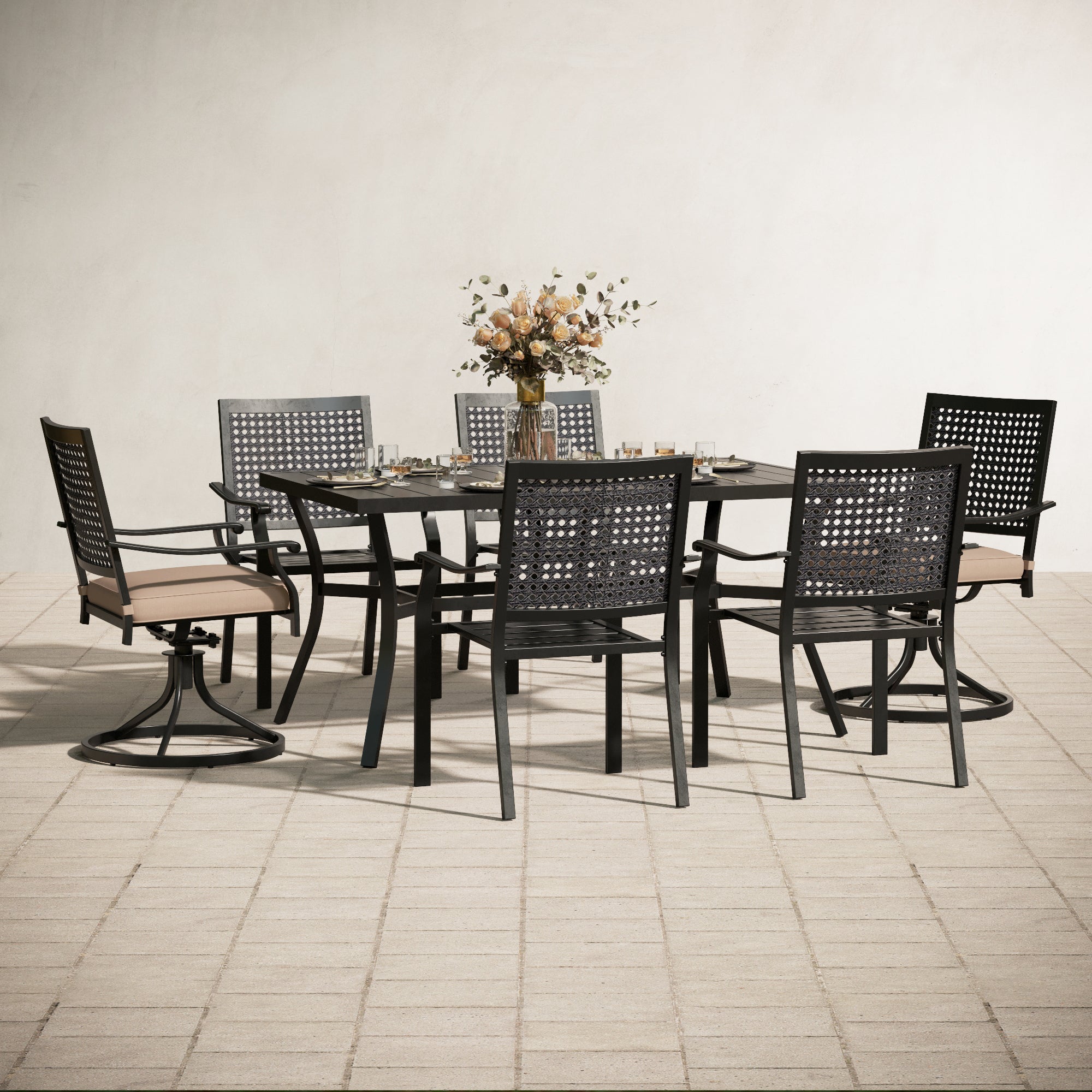 MFSTUDIO 7-Piece Outdoor Dining Set Steel Panel Table & Bull's Eye Pattern Dining Chairs