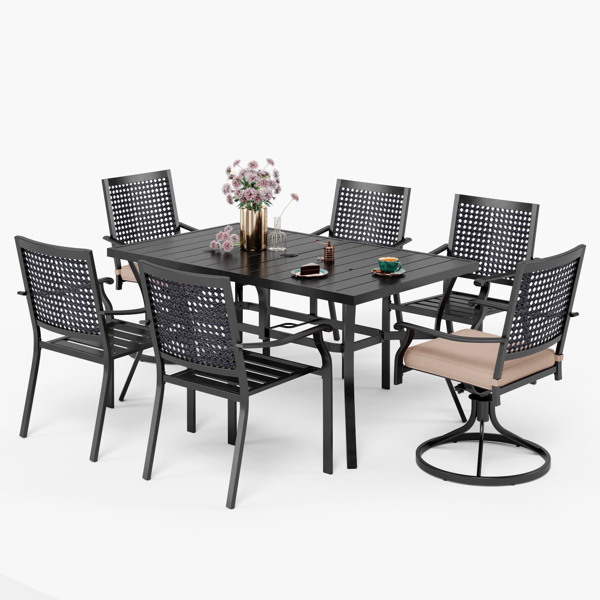 MFSTUDIO 7-Piece Outdoor Dining Set Steel Panel Table & Bull's Eye Pattern Dining Chairs