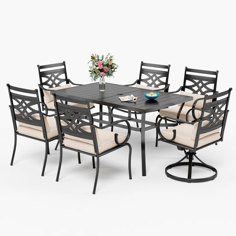 MFSTUDIO 7-Piece Outdoor Dining Set Steel Panel Table & Elegant Cast Iron Pattern Dining Chairs