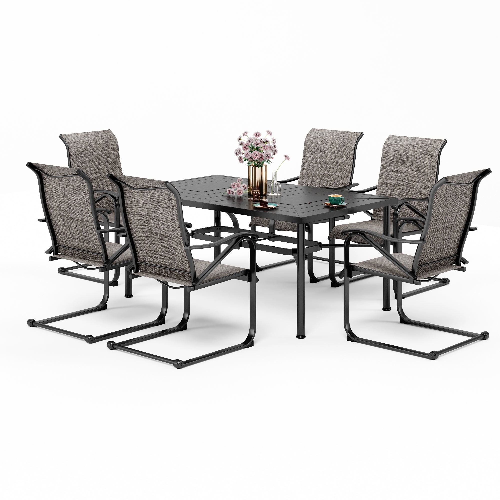 MFSTUDIO 7-Piece Patio Dining Set Geometrically Stamped Rectangle Table & Textilene C-Spring Chairs