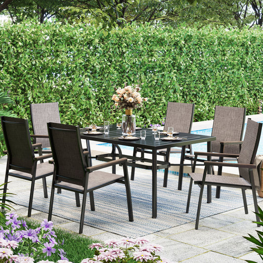PHI VILLA 7-Piece Patio Dining Set Geometrically Stamped Rectangle Table & Stackable Textielene Fixed Chairs