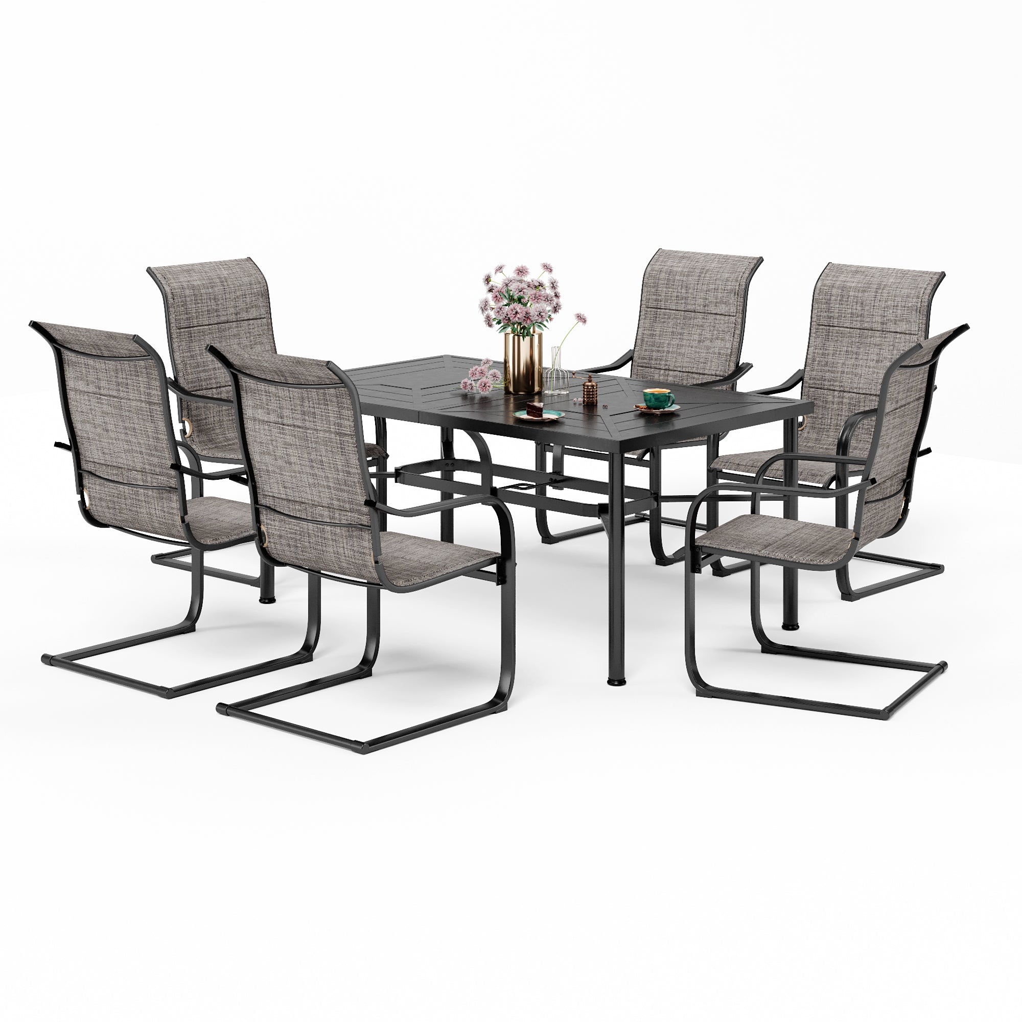 MFSTUDIO 7-Piece Patio Dining Set Geometrically Stamped Rectangle Table & Textilene C-Spring Chairs