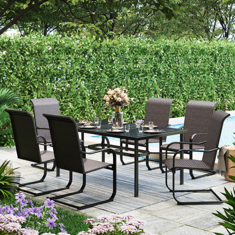 Sophia & William 7-Piece Geometrically Stamped Rectangle Table & Rattan C-spring Chairs Outdoor Dining Set
