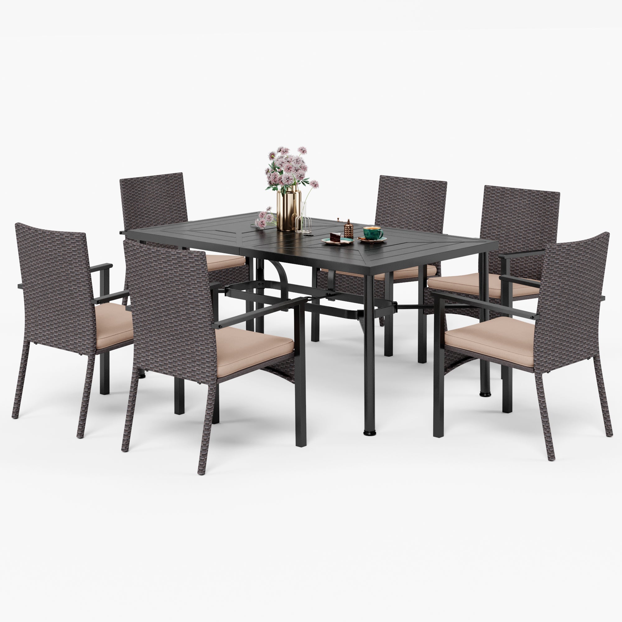 MFSTUDIO 7-Piece Geometrically Stamped Rectangle Table & Rattan Cushion Dining Chairs Outdoor Dining Set
