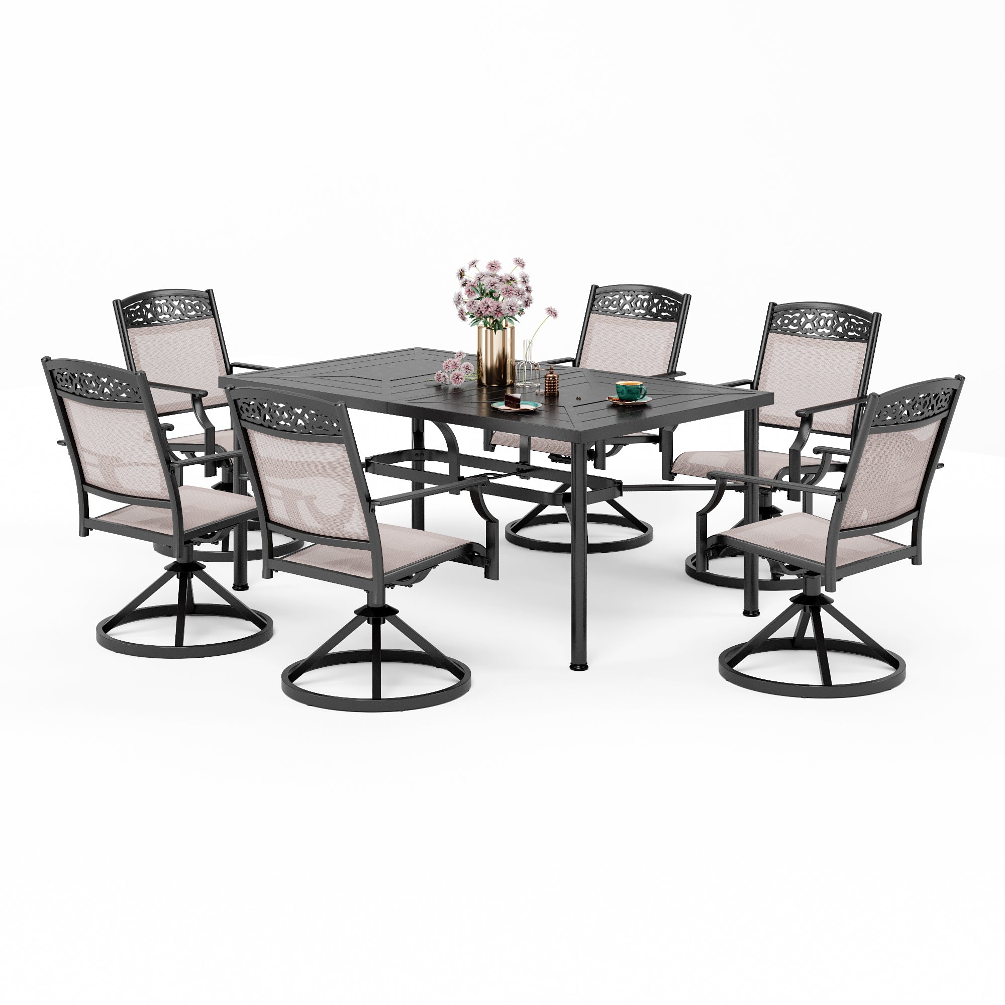 Sophia & William 7-Piece Patio Dining Set Geometrically Stamped Rectangle Table & Cast Aluminum Pattern Textilene Dining Chairs