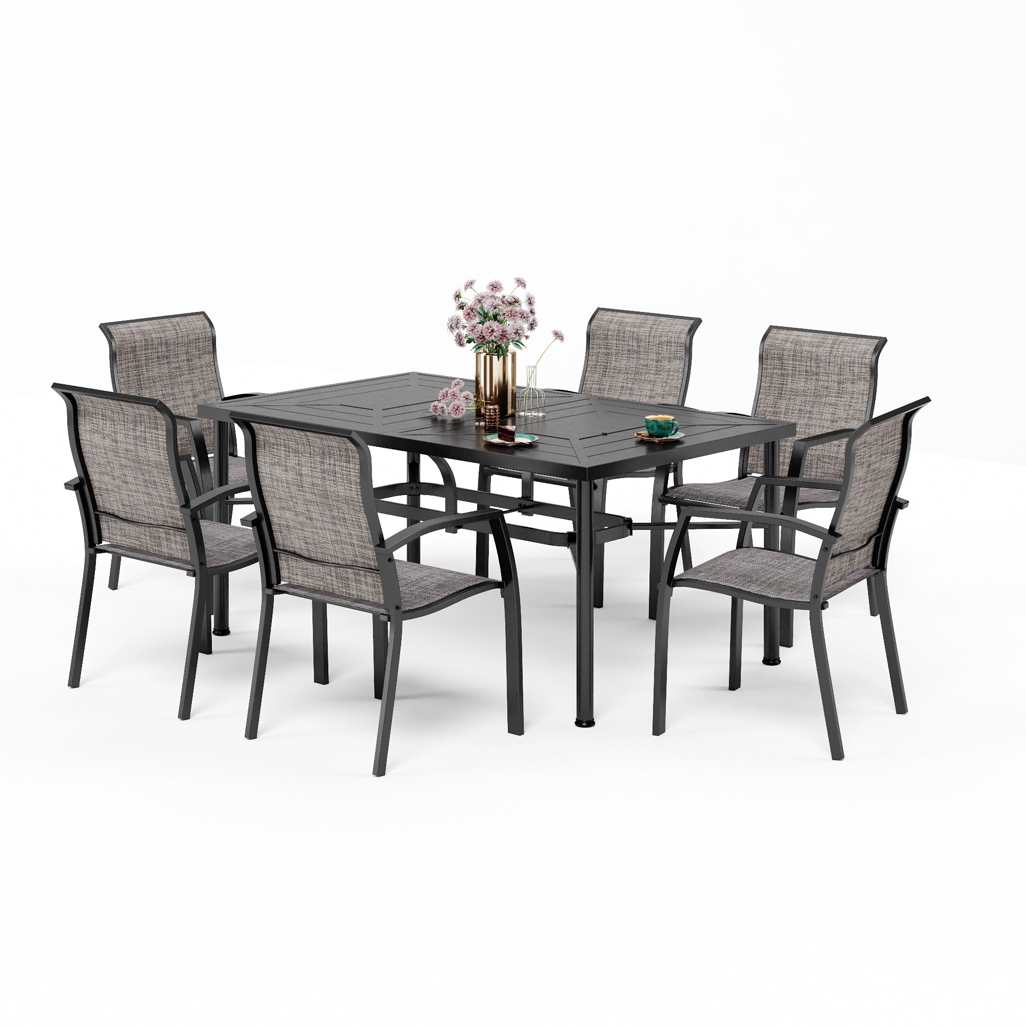 MFSTUDIO 7-Piece Patio Dining Set Geometrically Stamped Rectangle Table & Simple Aluminum Alloy Fixed Chairs