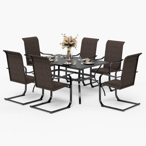 Sophia & William 7-Piece Steel Rectangle Table & Rattan C-spring Chairs Outdoor Dining Set