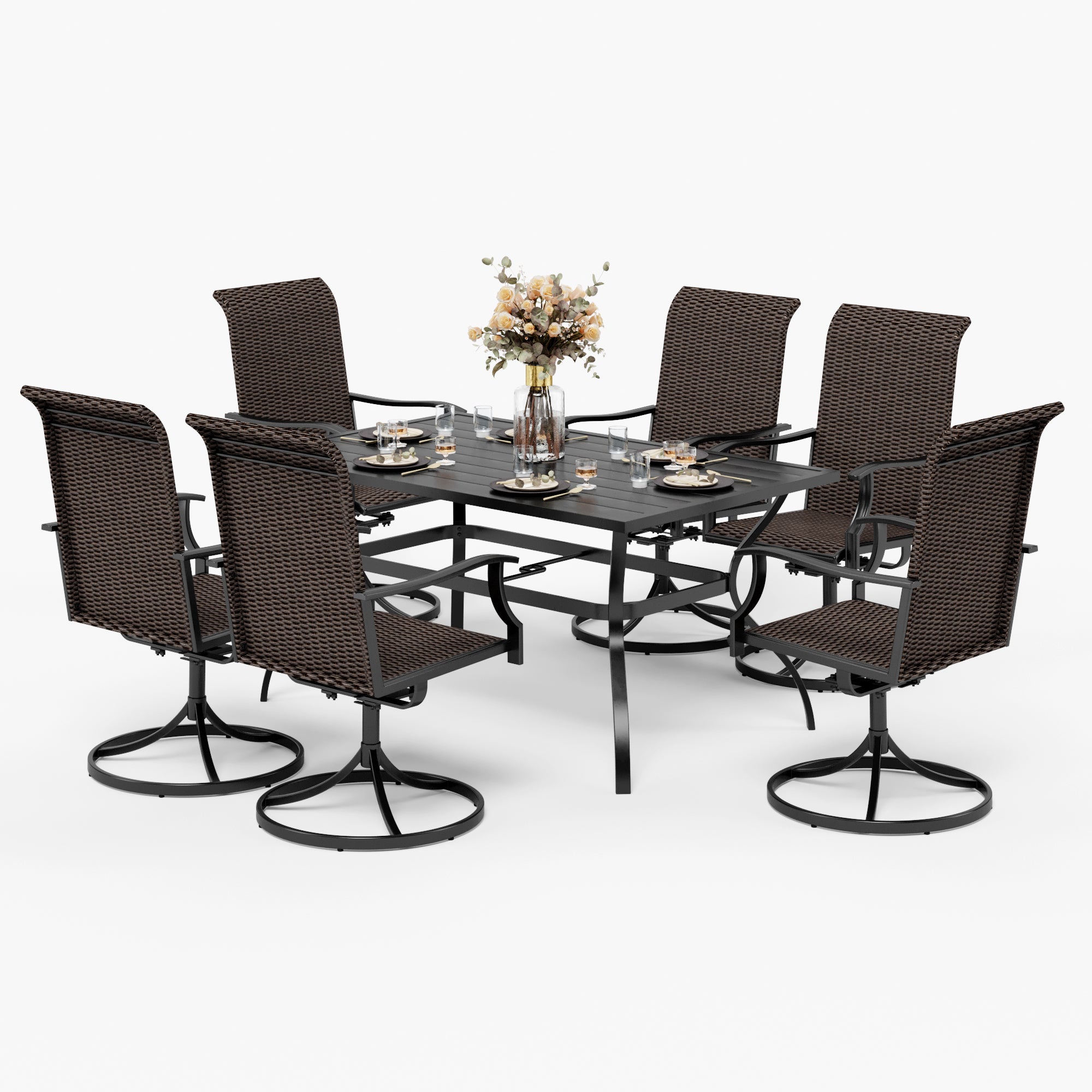 PHI VILLA 7-Piece Outdoor Dining Set Steel Table & Rattan Swivel Chairs