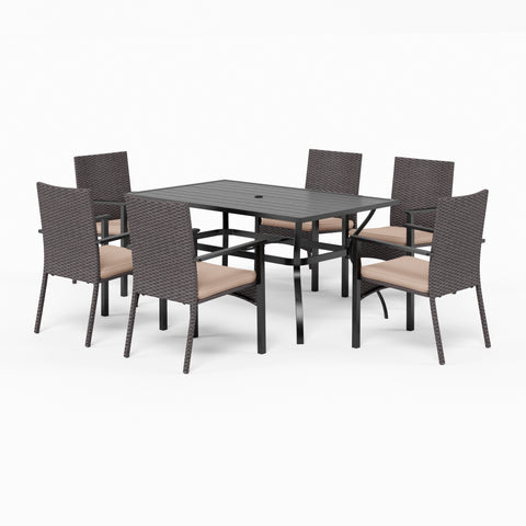 MFSTUDIO 7-Piece Steel Table & Rattan Cushion Dining Chairs Outdoor Patio Dining Set