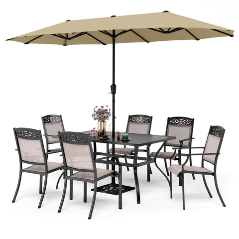 Sophia & William 8-Piece Patio Dining Set with Umbrella Rectangle Table & Cast Aluminum Pattern Fixed Chairs