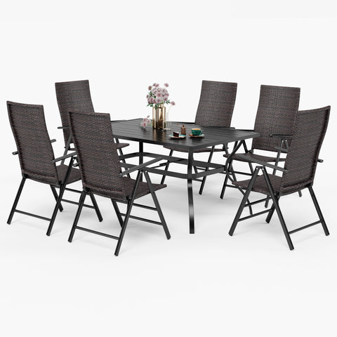 MFSTUDIO 7-Piece Steel Rectangle Table & Rattan Adjustable Reclining Foldable Chairs Outdoor Dining Set