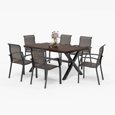 MFSTUDIO 7-Piece Wood Pattern Rectangle Table & Simple Aluminum Textilene Fixed Chairs Patio Dining Set