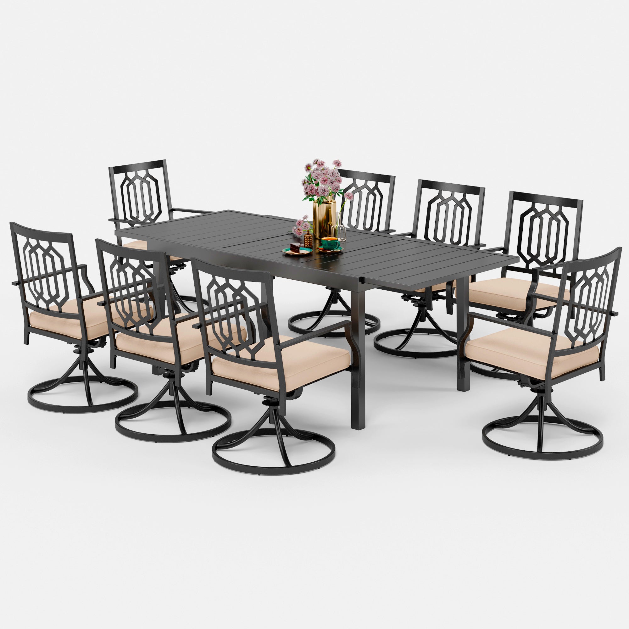 PHI VILLA Adjustable Patio Table and Cushioned Swivel Chairs Large Metal Outdoor Patio Dining Sets