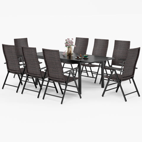 MFSTUDIO Extendable Table & Rattan Adjustable Reclining Foldable Chairs Outdoor Dining Set