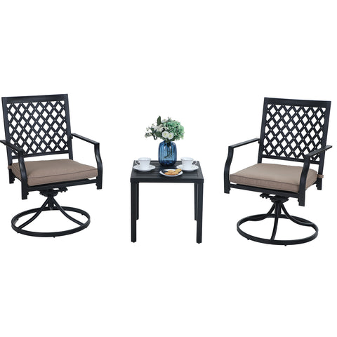 PHI VILLA Square Side Table and 2 Stripe Chairs 3 Piece Metal Steel Outdoor Patio Bistro Set