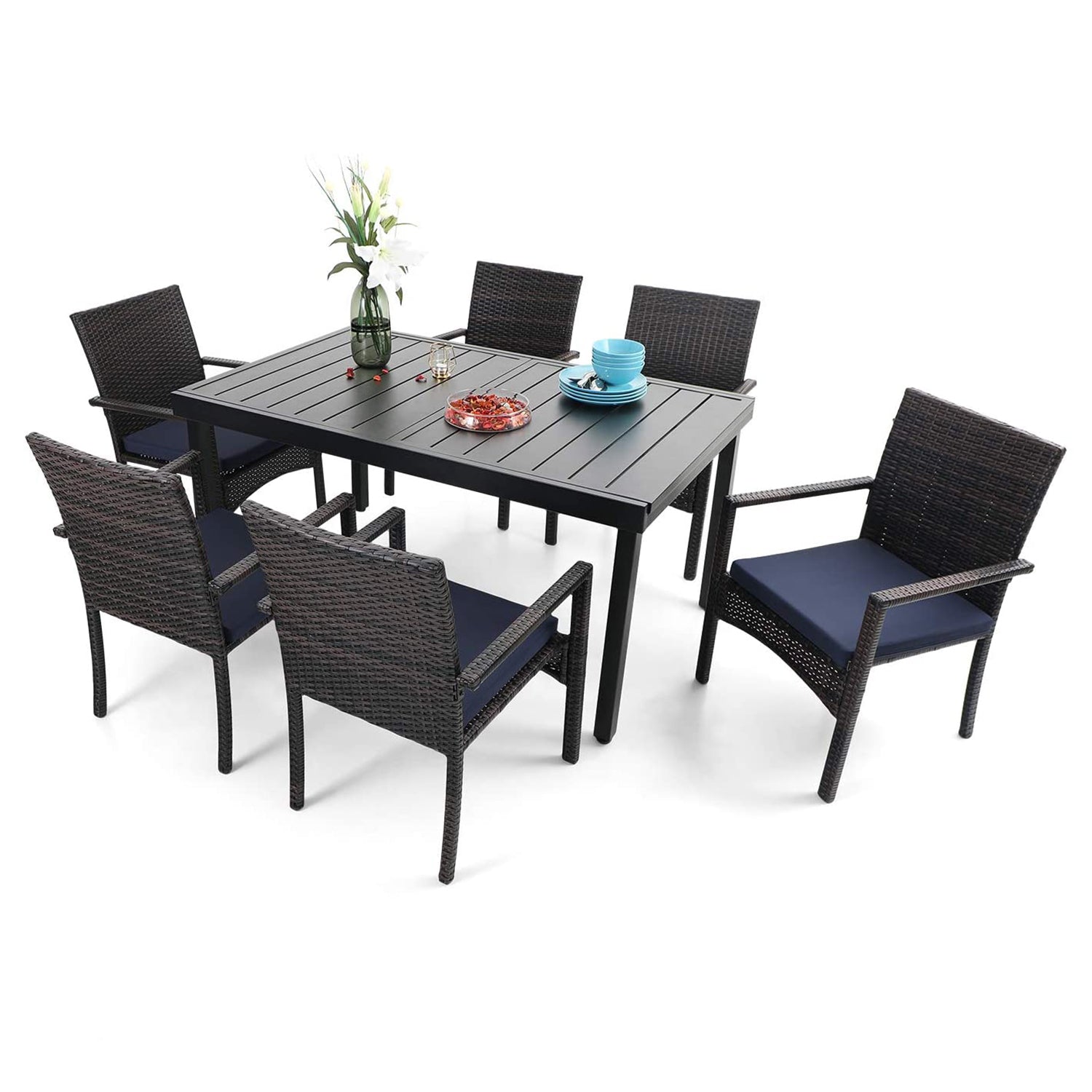 PHI VILLA Rattan Wicker Cushioned Dining Chairs Set with Extendable Table