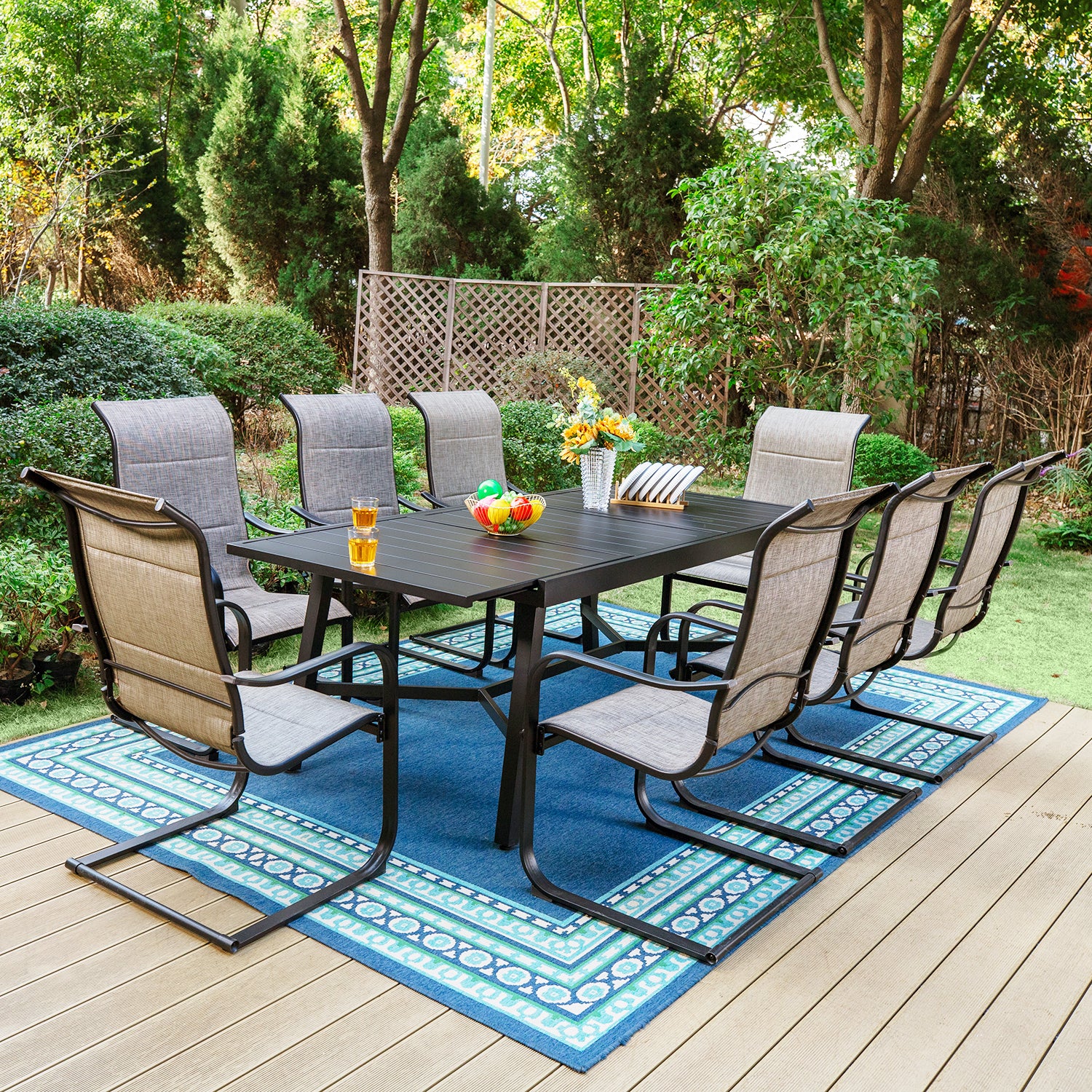 MFSTUDIO 9/7-Piece Patio Dining Sets Reinforced Expandable Table & High-back C-spring Padded Textilene Chairs