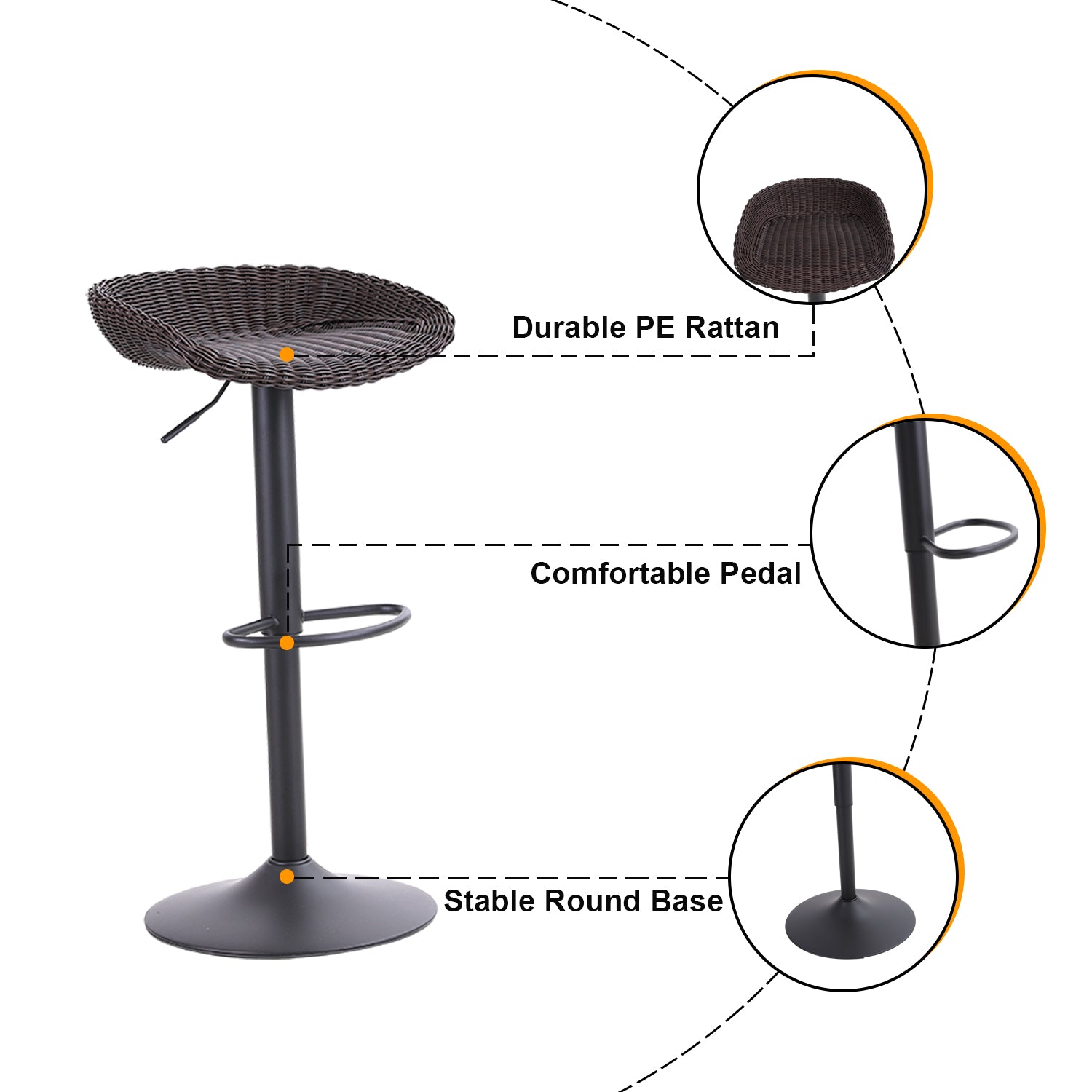 PHI VILLA Adjustable Swivel Rattan Bar stool, Seat Height 22"-30"