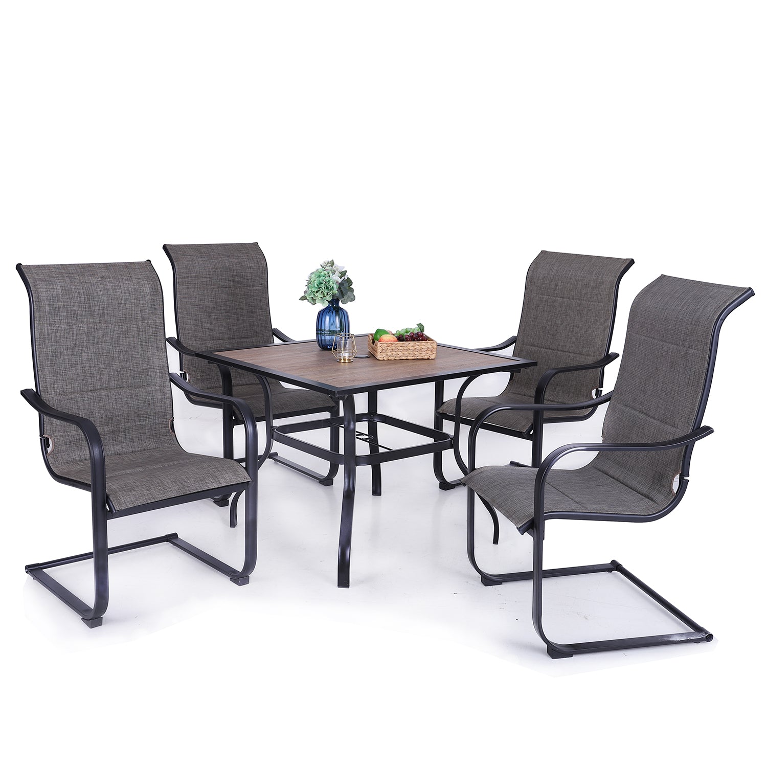 MFSTUDIO Wood-look Square Table & 4 Textilene C-spring Chairs 5-Piece Outdoor Dining Set