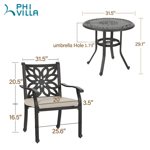 MFSTUDIO 3-Piece Cast Aluminum Round Table & Dining Chairs Patio Bistro Set