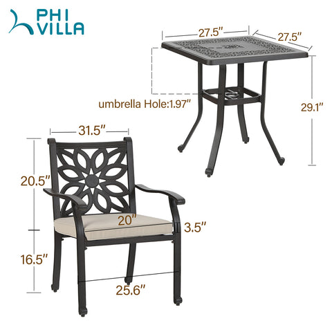 MFSTUDIO 3-Piece Cast Aluminum Square Table & Dining Chairs Patio Bistro Set