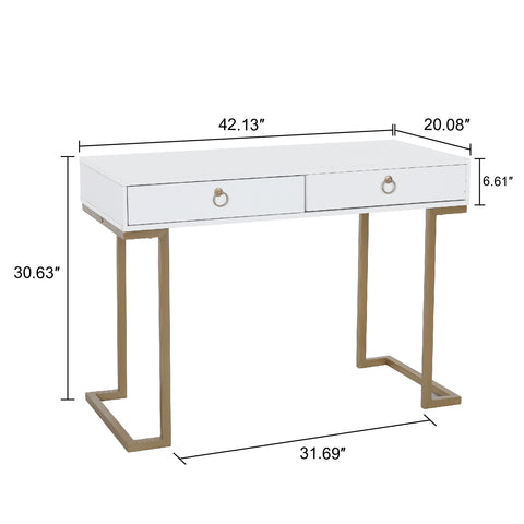 PHI VILLA Double Drawer Desk with Steel Legs, Home Office Computer Desk or Vanity Table