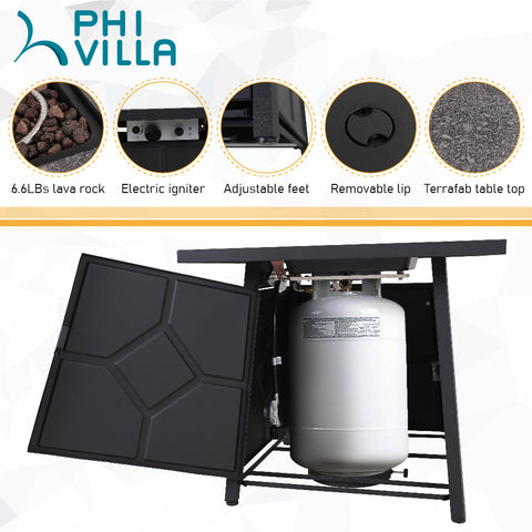 PHI VILLA 28 inch, 40,000 BTU Square Outdoor TerraFab Propane Fire Pit Table with Lid, Lava Rocks, Touch-up Pen and PVC Cover