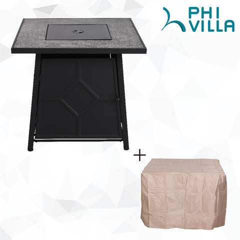 PHI VILLA 28 inch, 40,000 BTU Square Outdoor TerraFab Propane Fire Pit Table with Lid, Lava Rocks, Touch-up Pen and PVC Cover