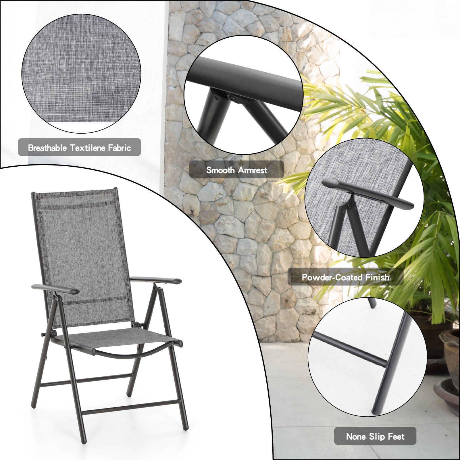 Sophia & William 5-Piece Square Steel Table & Textilene Reclining Folding Sling Chair Patio Dining Sets