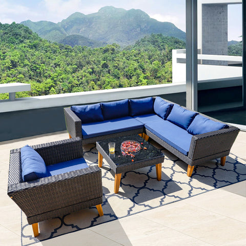 MFSTUDIO 5-Piece Patio Wicker Sectional Sofa Conversation Sets with Tempered Glass Table