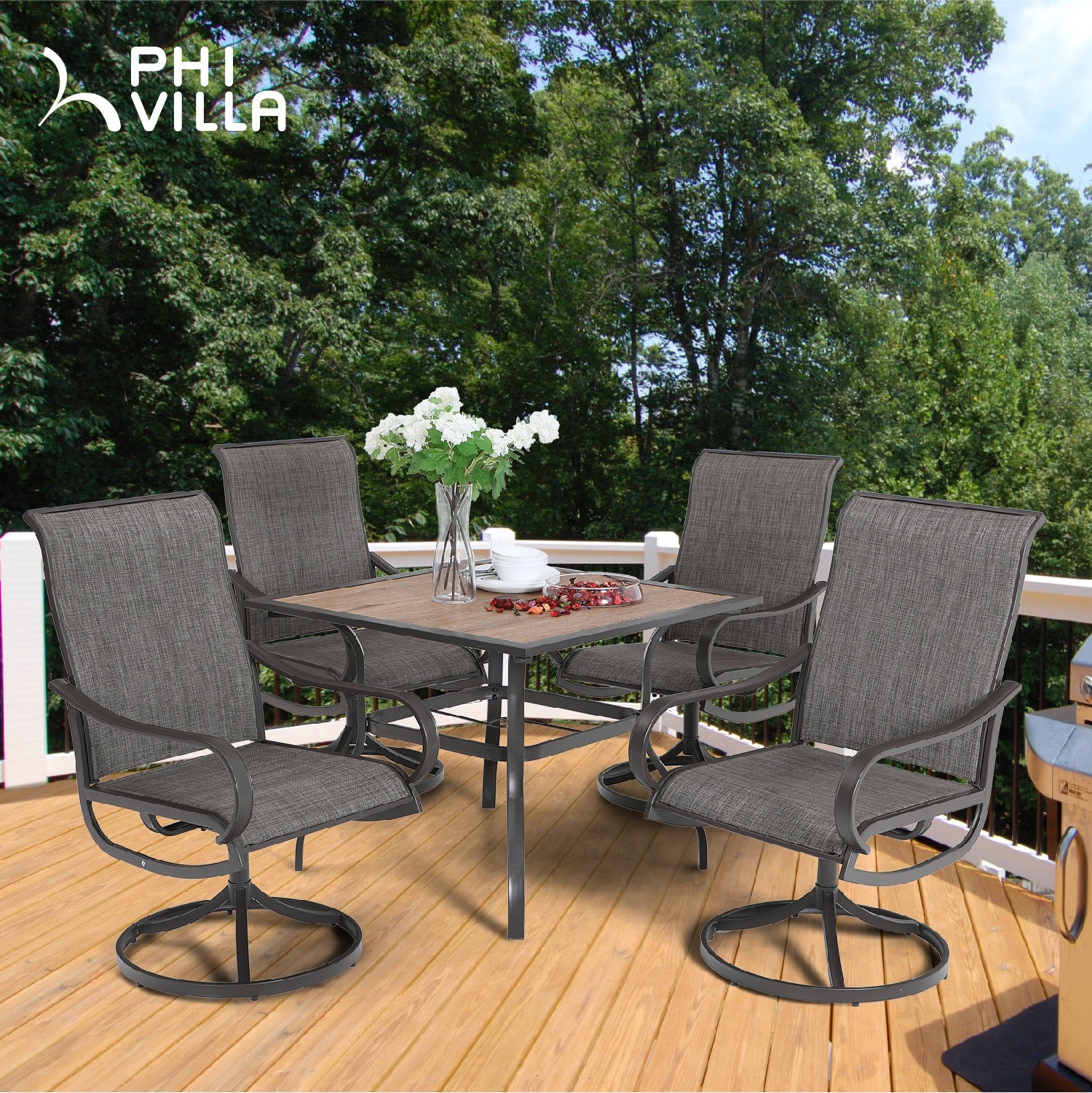 Phi Villa Wood-Look Brown Frame Patio Dining Table with Umbrella Hole